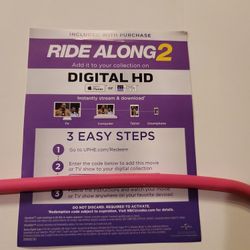 $4 HD DIGITAL MOVIE CODE. RIDE ALONG 2. $4 OR TRADE FOR A MOVIE TITLE I DO NOT ALREADY OWN.