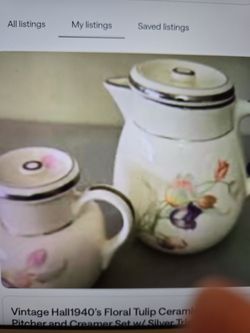 Vintage Hall 1940's Floral Tulip Pitcher and Creamer Set with Silver Trim