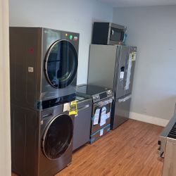 BOSH REFRIGERATOR 36” FRENCH DOOR, STOVE 30” , MICROWAVE 30”,DISHWASHER 24” AND LG THINQ STACKABLE 27” INCHES 