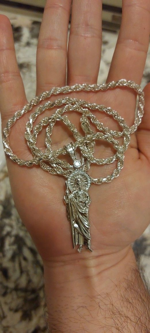 925 Italian Sterling Silver Rope Chain 4mm 925 Silver St Jude Moissanite Pendant