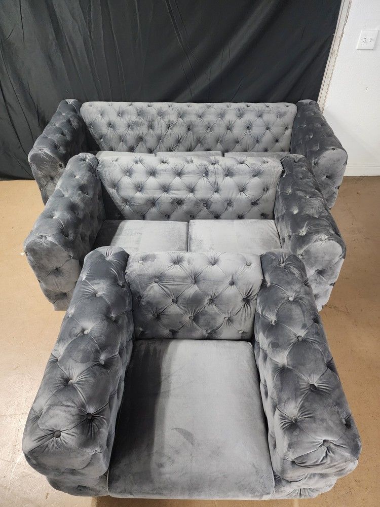 Grey Glam Sofa Loveseat And Chair !! Huge Sale