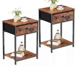 Nightstands Set of 2, Industrial End Table with Fabric Drawer & Storage Shelf, R