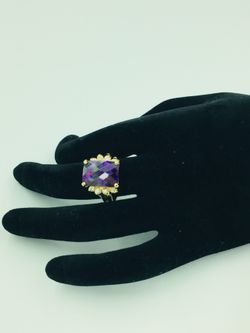 Vermeil Emerald Cut Purple Glass & CZ Ring 8.5