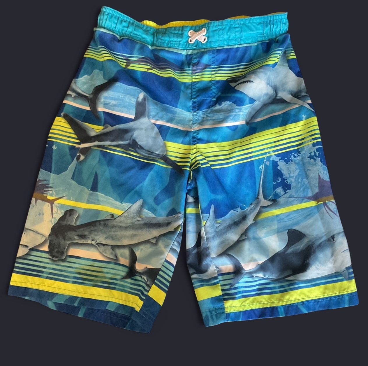 Blue and yellow shark swim trunks