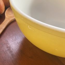 Grandma’s Yellow Glass Antique Mixing Bowl, Makes the Best Baked Foods, Wooden Licking Spoon Too 😜