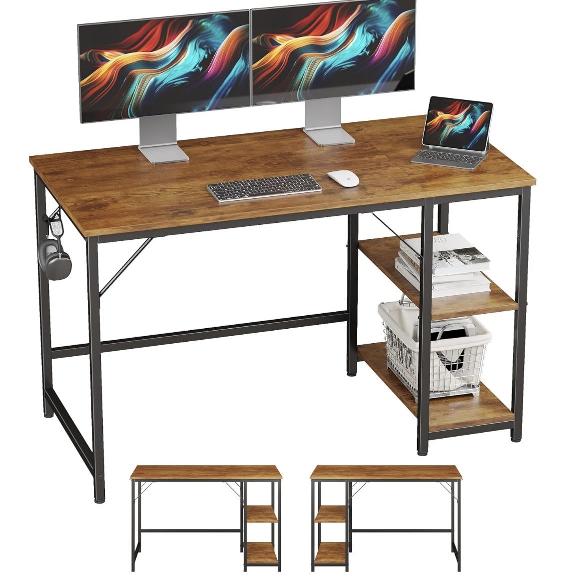 Home Office Computer Desk with Wooden Storage Shelf, Office Desk and Gaming Table with Splice Board, 2-Tier Industrial Morden Laptop Study