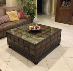 Genuine Wood Cocktail Table With Custom Glass Top And Two Drawers