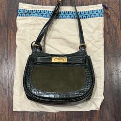 Authentic Tory Burch Lee Radziwill Embossed Frame Small Saddlebag Deep Kelp