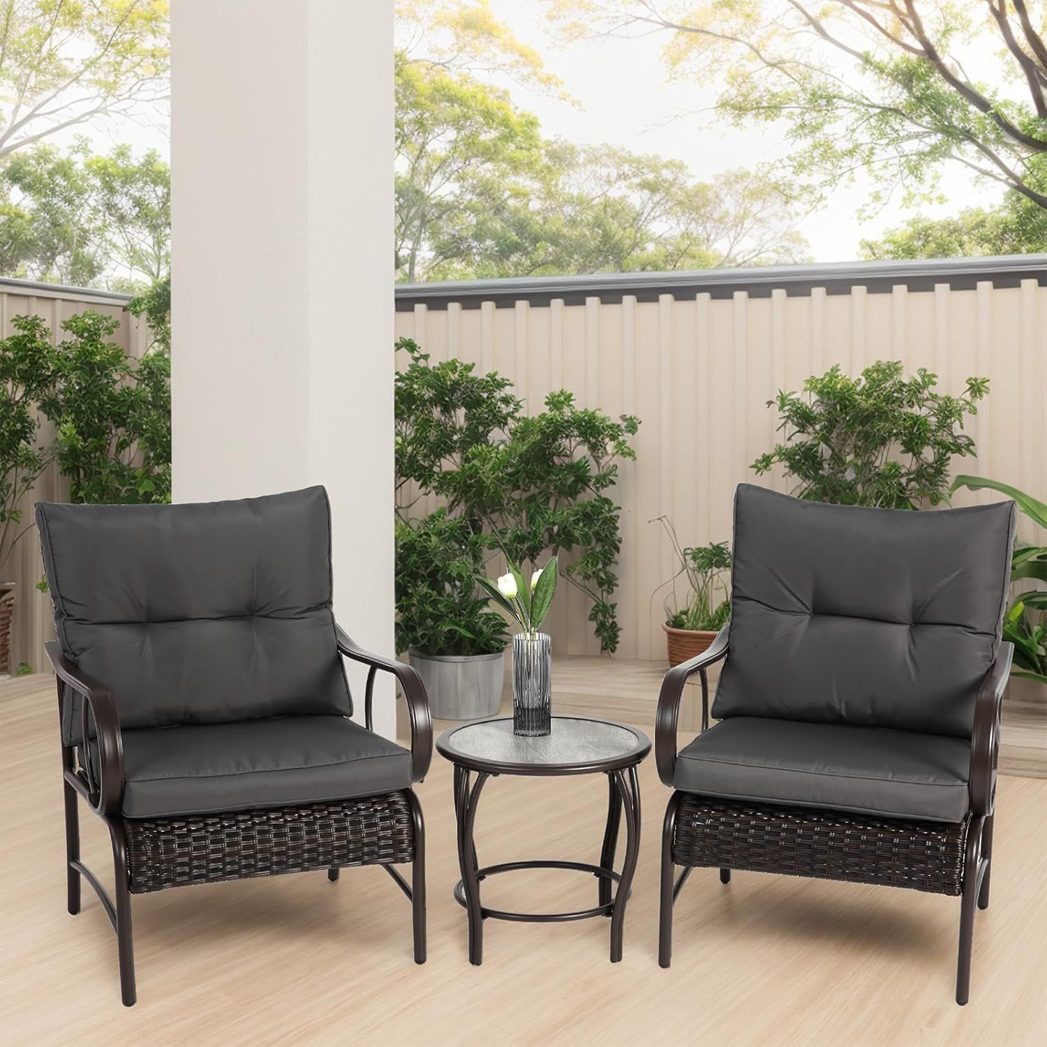 3 Pieces Patio Furniture Set, Outdoor Wicker Furniture Set, All-Weather Steel Frame with Removable Cushions & Glass Top Table for Garden, Poolside, Ba