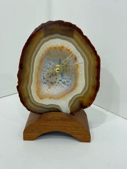 Vintage 70 Authentic Agate Watch with Teak Base made by FISHER'S O.K. ROCK SHOP KINDERHOOK, N.Y.