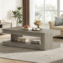 Tribesigns Coffee Table for Living Room, 47.24 Inch Farmhouse 2-Tier Accent Center Tea Cocktail Table with Storage, Elegant Grey, Rectangular