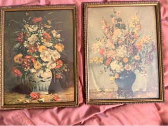 Beautiful pair of authentic mid-century vintage floral still-life art prints from the 1940s/1950s.