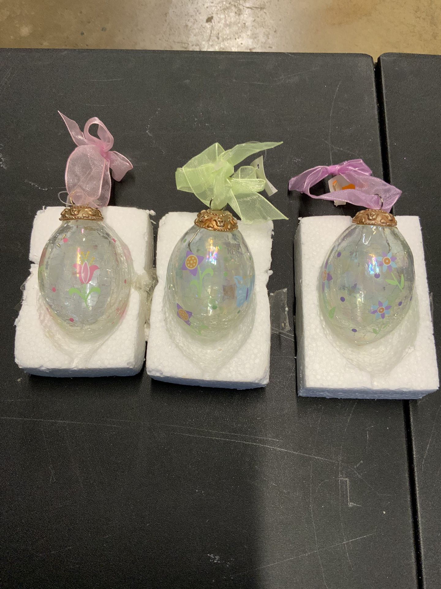 Vintage Crackle Glass Egg Ornament Hand Painted  Lot Of 3 
