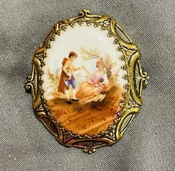 Antique Victorian Courting Couple Porcelain Brass Pin Brooch