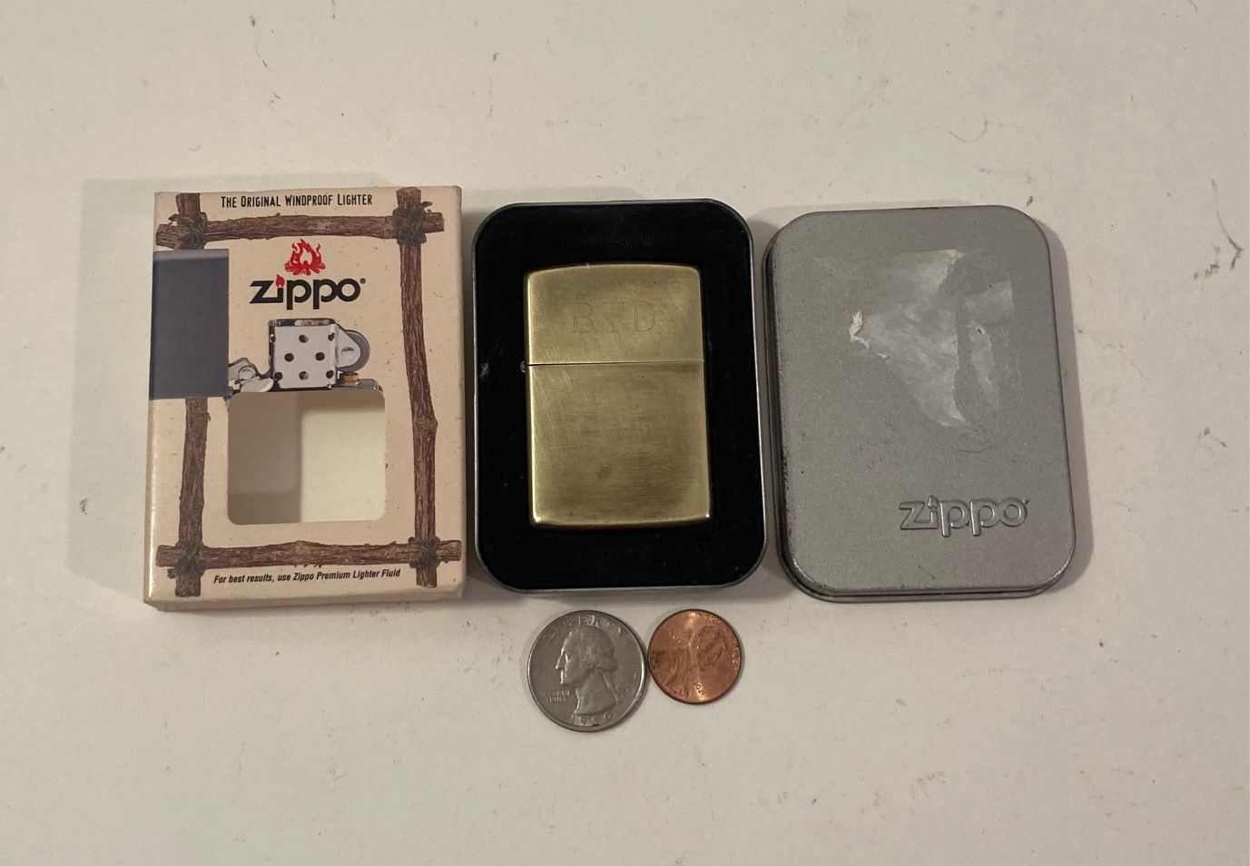 Vintage Metal Zippo Lighter, Brass, Character Dents On The Back, Nice Design, Zippo, Made in USA, Cigarettes, More, Free Shipping in the U.S. Here ar