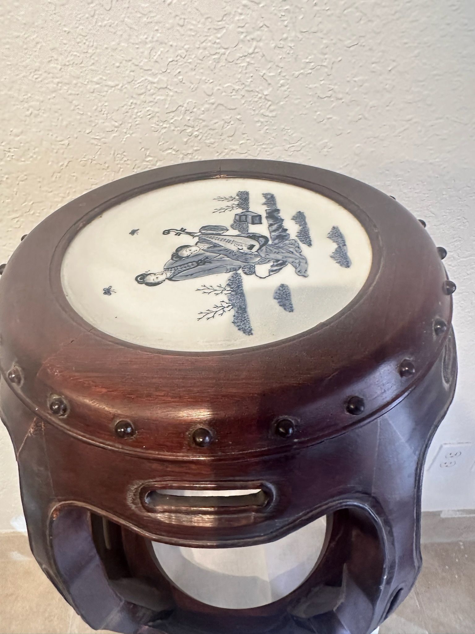 Antique Chinese Huang Hua Li Wood 18” Tall Drum Stool whit A Porcelain Top