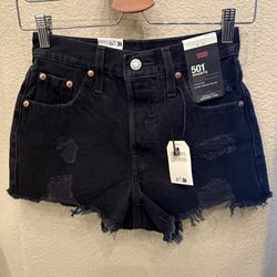 NWT~LEVI’S 501 Black High Rise Distressed Raw Hem Jean Shorts Size 23