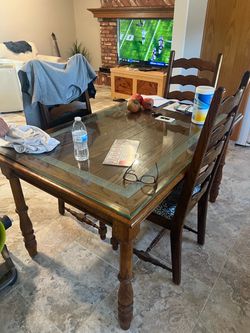 Double glass table, top with custom matching oak table and chairs