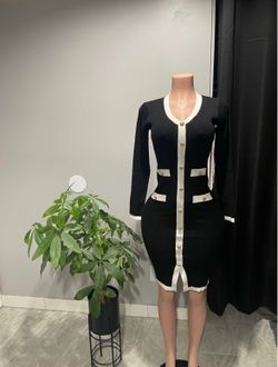 Black Ribbed Knit Long Sleeve Gold Button Dress