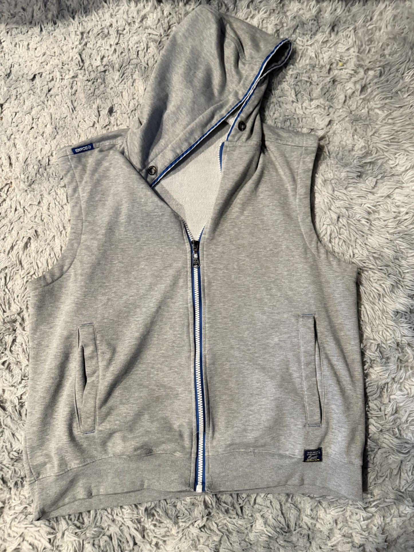 Vintage Enyce Hoodie Zip Up Vest Sleeveless Fleece Gray And Blue Details