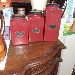 PIER 1 One Rustic Brick Red 3 PCs Ceramic Canister Set 