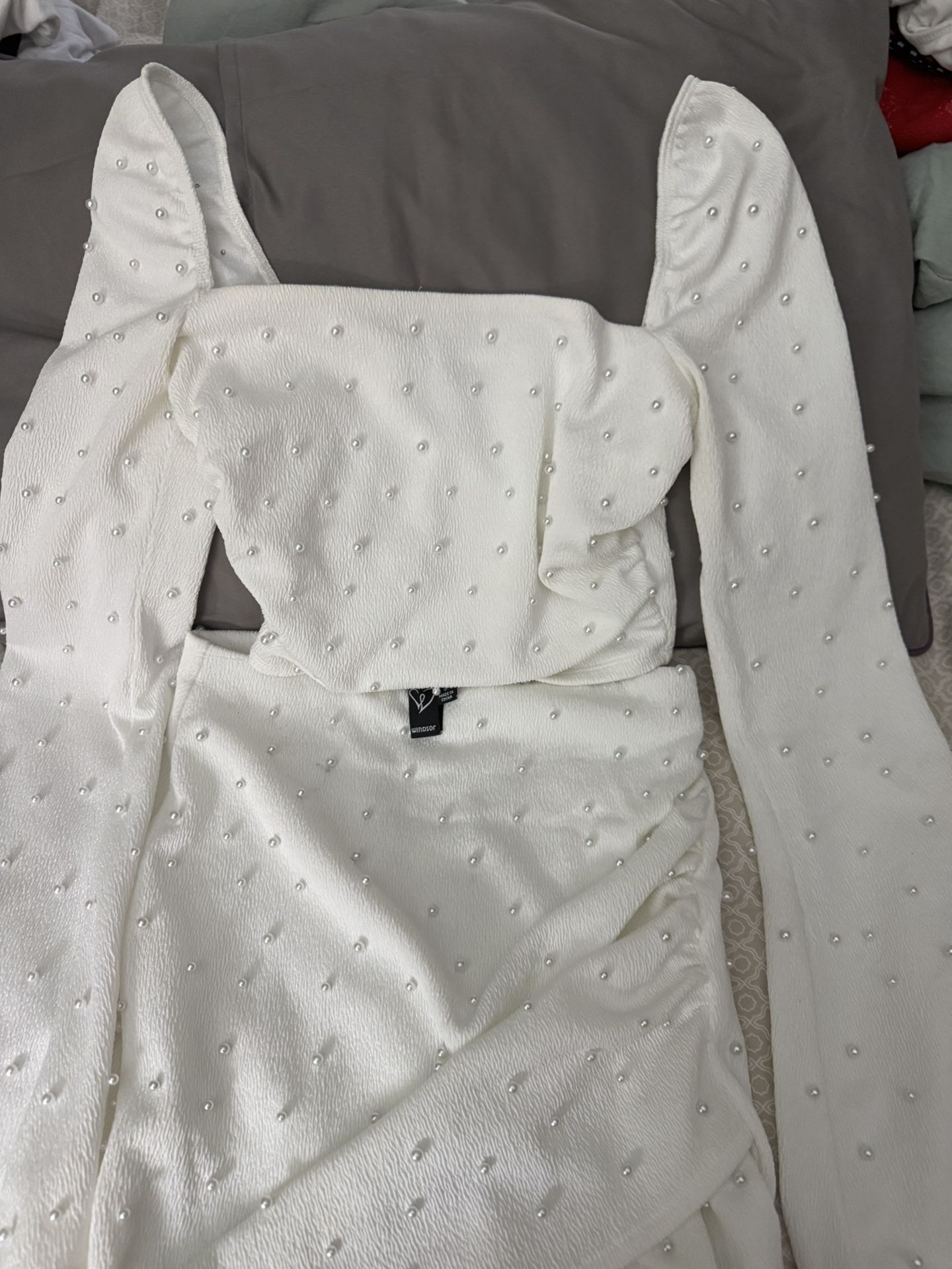 White Pearl Blouse And Pearl Short Skirts Dressy