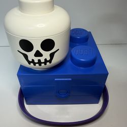LEGO Storage Or Lunch Box w/ Handle Classic Blue And Mini Skeleton Head Storage