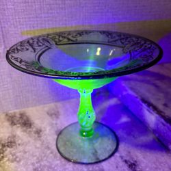 Uranium Glass Lace Trim Compote