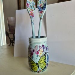 Hand painted and decoupaged jar and wooden spoon set