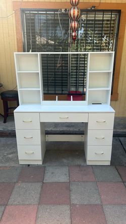 White Vanity Desk with Mirror and Drawers
