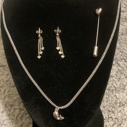 Vintage 24”sterling Silver Necklace W/whale Pendant,sterling Earrings With Dangling Hearts,and Sterling Silver Pin,by Automade.