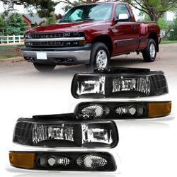 Chevrolet Silverado 1999 Suburban Tahoe 2000 Factory Style Headlights + Bumpers Black Housing 2001 Clear Len Clear Reflector 2002