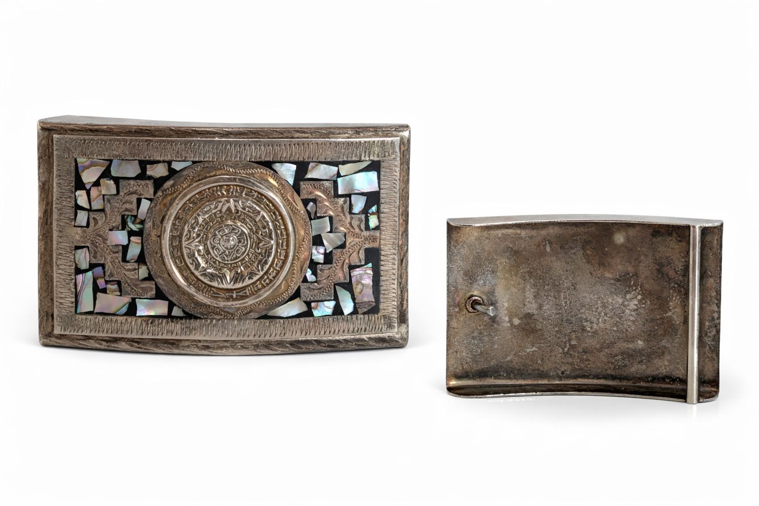 Vintage Aztec Calendar Abalone Shell Inlay Alpaca Mexico Handmade Belt Buckle