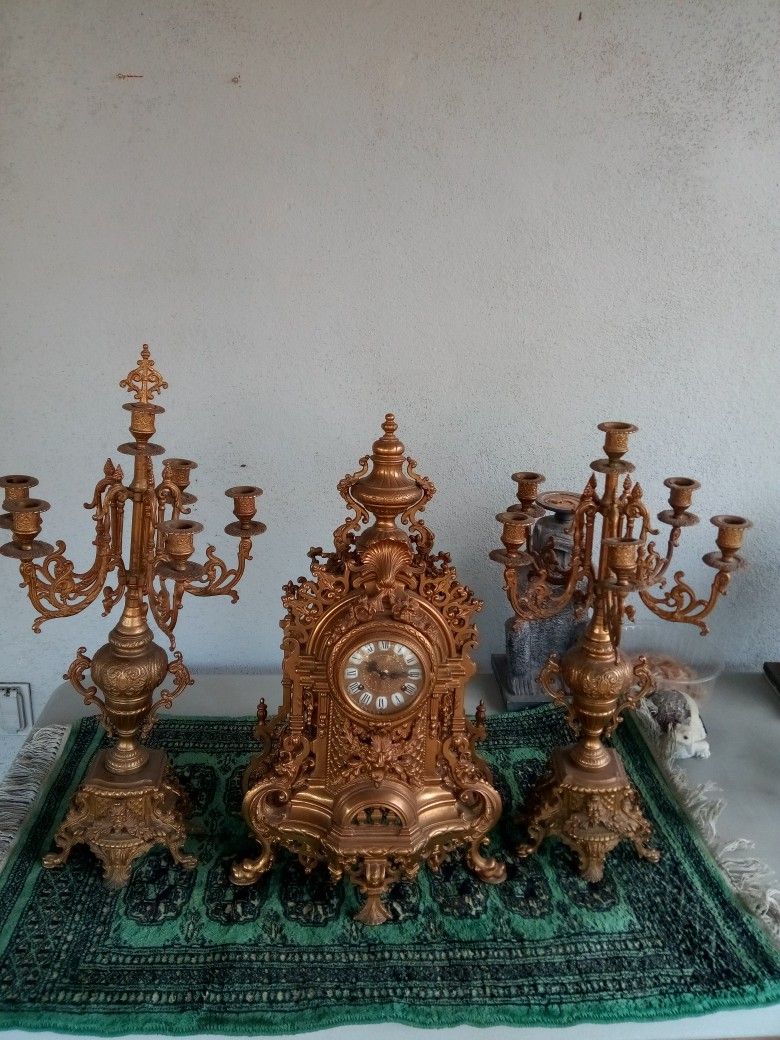 Clock Set - Bronze French-Italian Clock and 2 Candelabra 