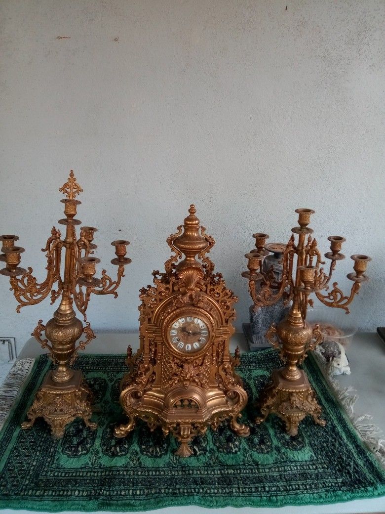 Clock Set - Bronze French-Italian Clock and 2 Candelabra
