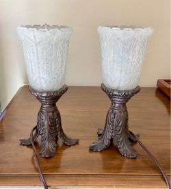 Pair vintage lamps, thick crackled glass, heavy