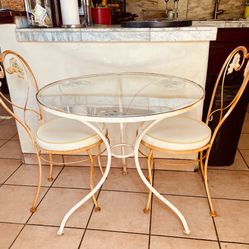 $475-!!- O. W. Lee Glass Top Wrought Iron Table And Chairs.