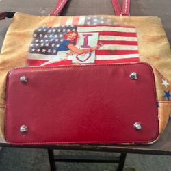USA Flag Sequin Tote Bag Tan Red Double Handles Silver Hardware Patriotic