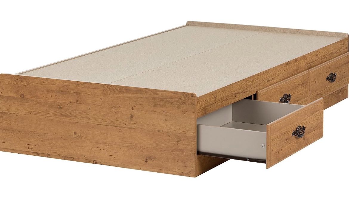 South Shore Prairie Collection Twin Bed with Storage - Platform Bed with 3 Drawers - Country Pine Finish