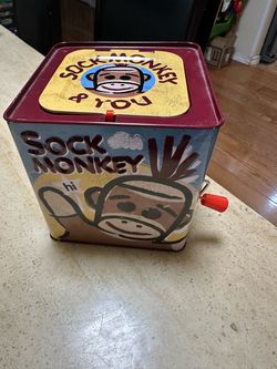 Sock Monkey Monkey jack in the Box - Plush Tin Toy - Ages 3+