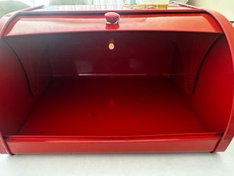 Red Metal Bread Box with Roll-Top Lid