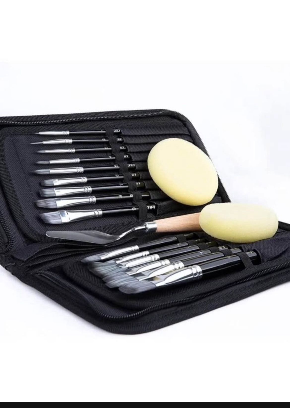 15 pcs Paint Brush Set Includes Pop-up Carrying Case with Palette Knife and 2 Sponges