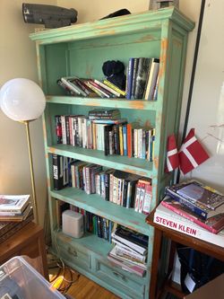 Solid Wood Distressed Green Bookcase / Bookshelf with Drawers — 75” Tall — $350 OBO