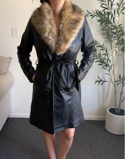 REAL Black Leather Coat with Fur Collar