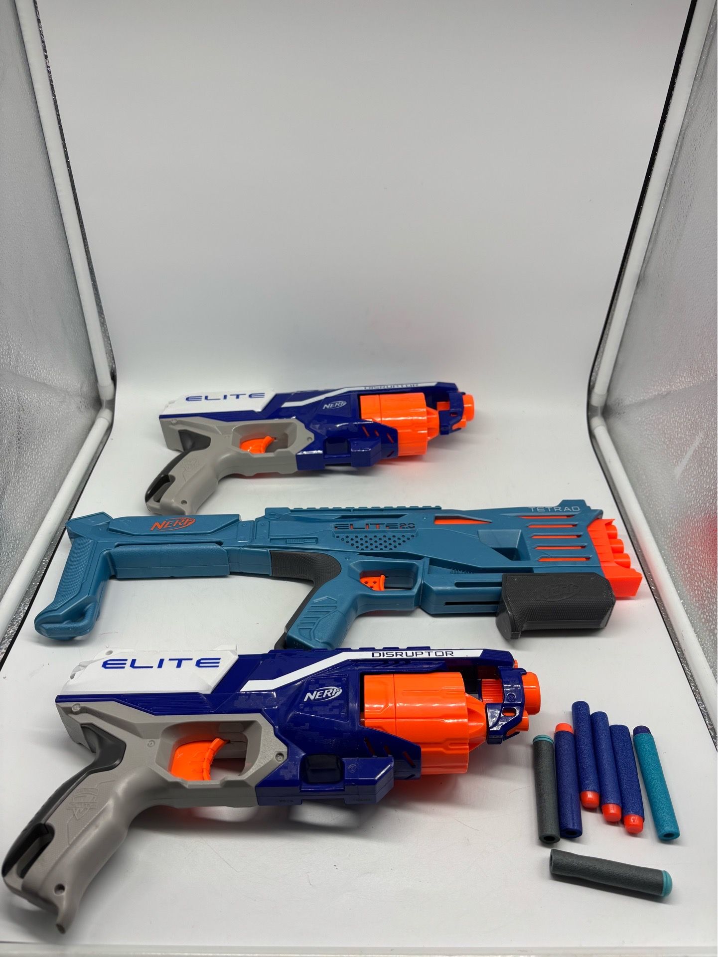 Lot Of 3 Nerf Elite Toy Gun Blasters W/ Darts- 2 Disruptor & Tetrad Elite 2.0