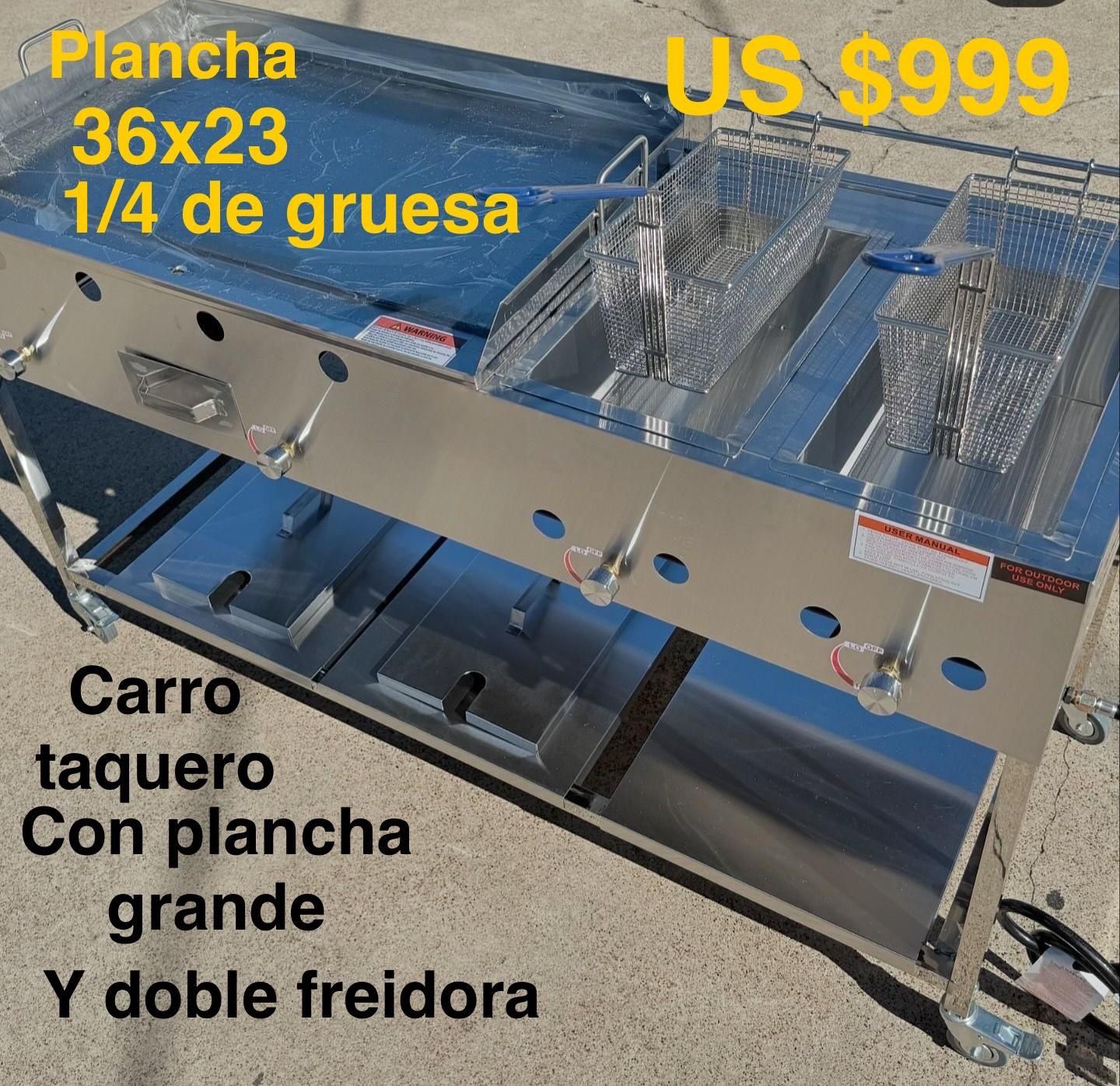 Carro Taquero, con plancha Grande y doble freidora de acero inoxidable
