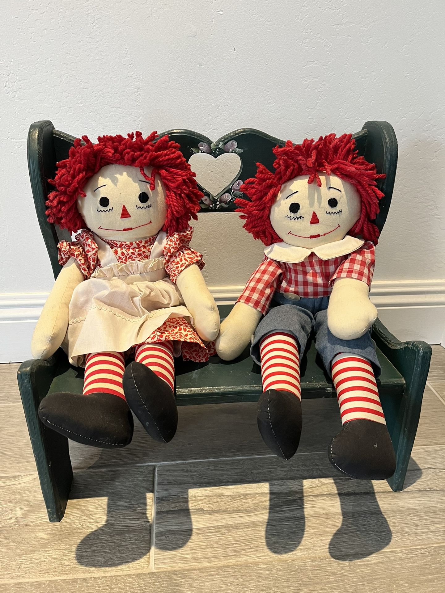 Raggedy Ann And Andy Dolls With Custom Bench