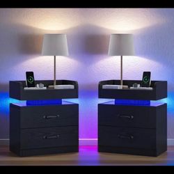 2 Night Stands With LED Lights, Modern Led End Table, With 2 Drawers, charging outlet.