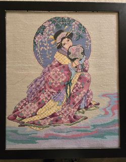 Geisha Cross Stitch Framed in Glass