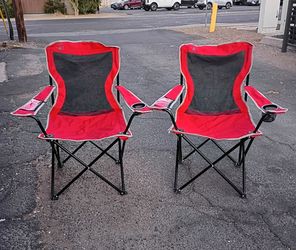 Folding Chair Pair Coleman Red High Back Chairs Portable Travel Phone & Cup Holder Breathable Mesh Back Neck Support